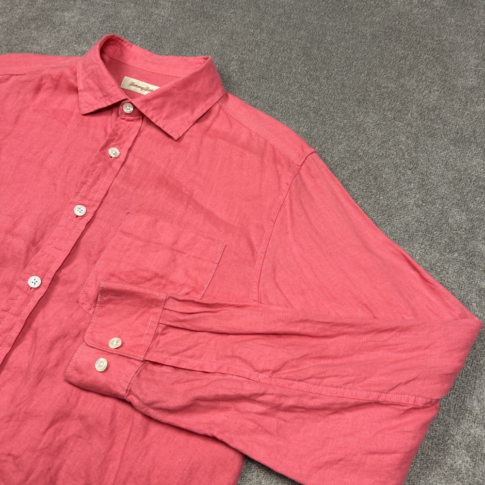 Tommy Bahama Shirt Mens Large Roll Tab Light Red Pink 100% Linen Button Up Summe